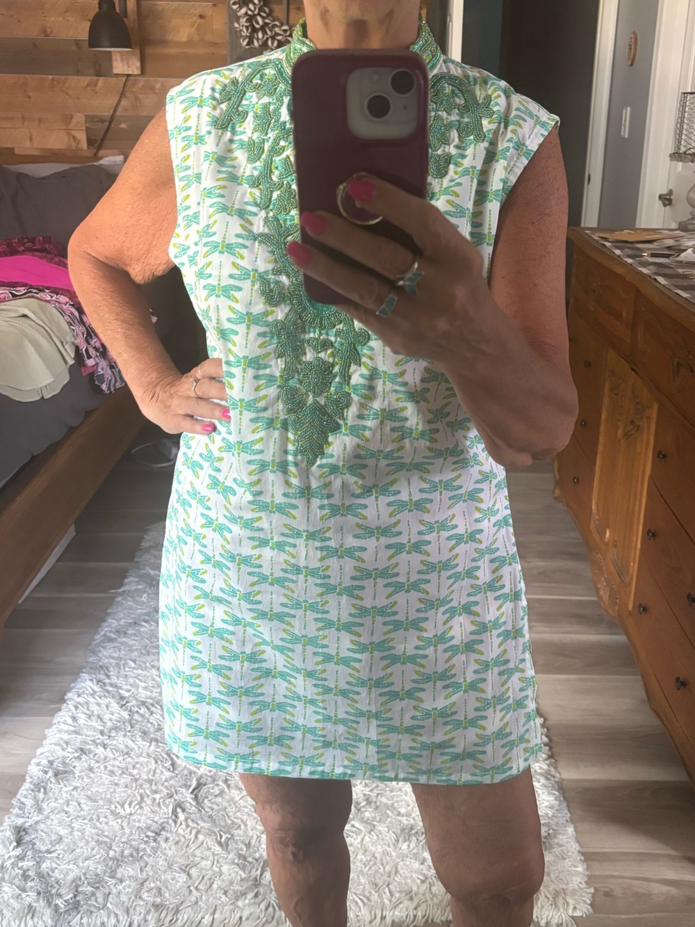 Sleeveless Green & White Embroidered Tunic with Dragonfly print.